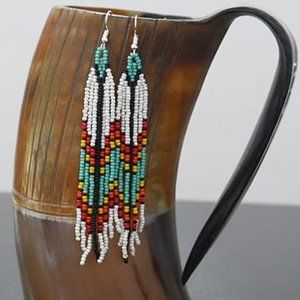 Long 4.5" Green Turquoise Blue Beaded Fringe Earrings Native American Tassel New